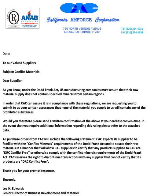 Conflict Management Documents Letters to Suppliers