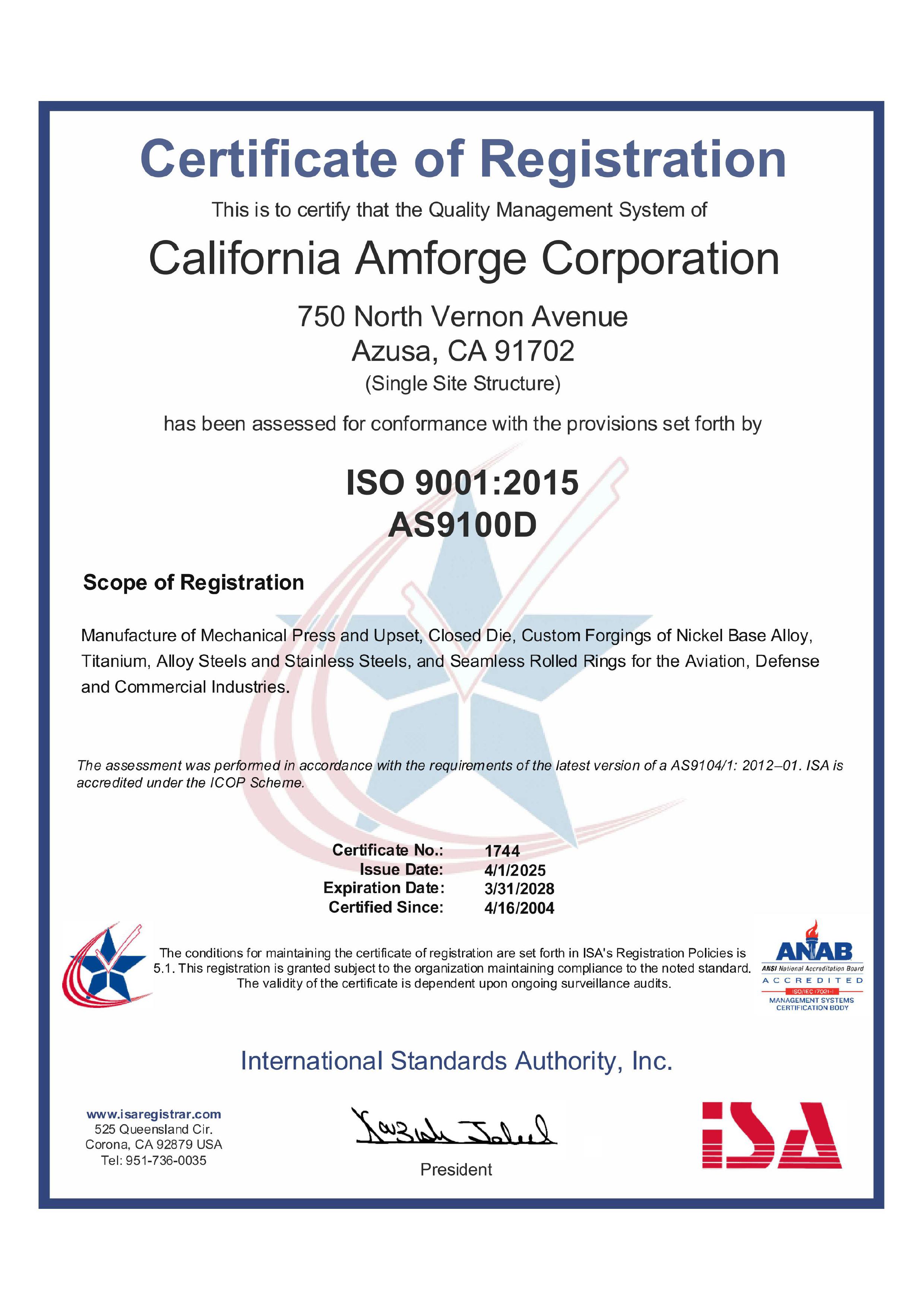 Current AS 9100 Certificate